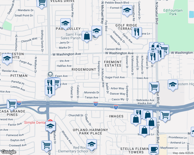 map of restaurants, bars, coffee shops, grocery stores, and more near 5505 Bromley Avenue in Las Vegas
