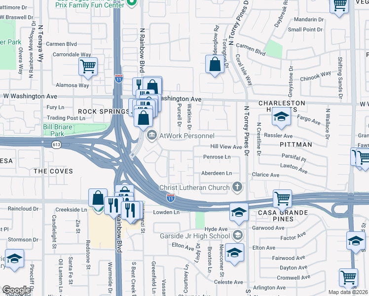 map of restaurants, bars, coffee shops, grocery stores, and more near 310 Brookside Lane in Las Vegas