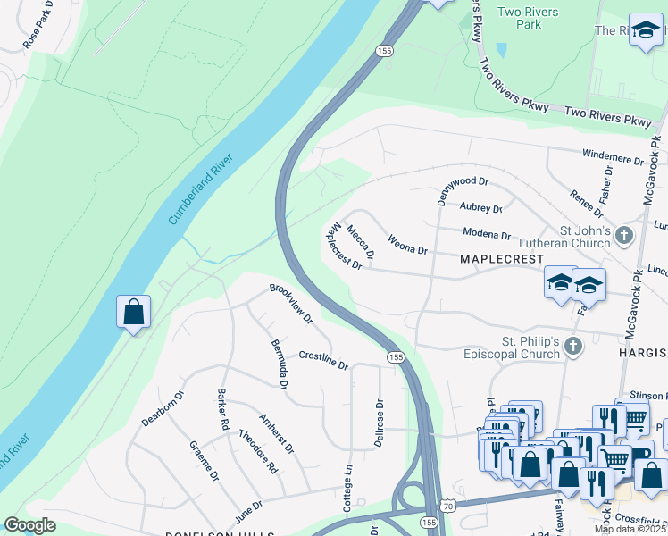 map of restaurants, bars, coffee shops, grocery stores, and more near 2200 Selma Avenue in Nashville