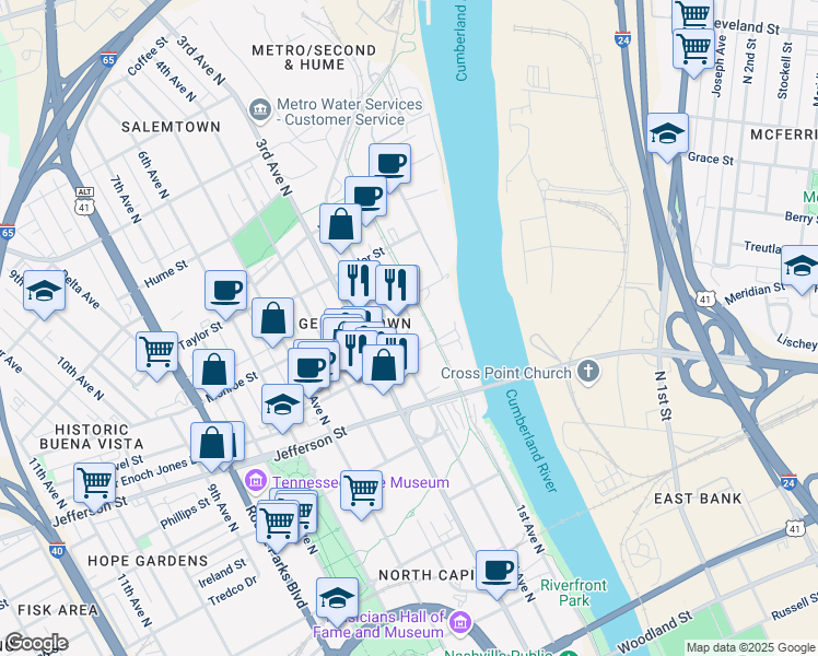 map of restaurants, bars, coffee shops, grocery stores, and more near 100 Madison Street in Nashville