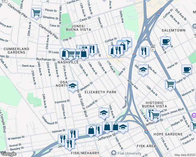 map of restaurants, bars, coffee shops, grocery stores, and more near 1630 16th Avenue North in Nashville