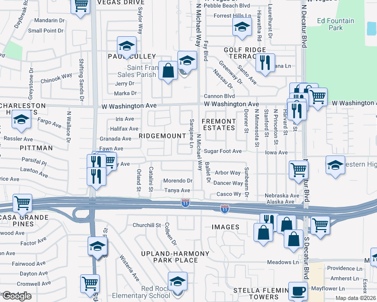 map of restaurants, bars, coffee shops, grocery stores, and more near 5505 Bromley Avenue in Las Vegas