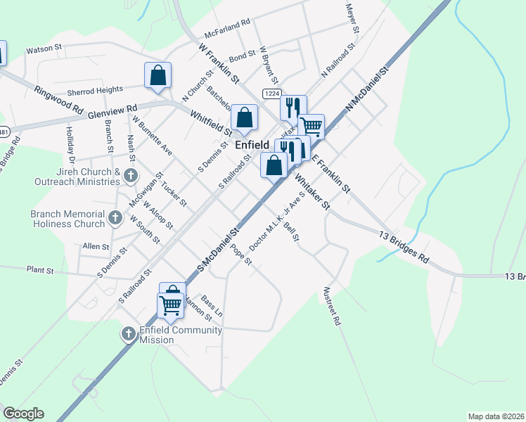 map of restaurants, bars, coffee shops, grocery stores, and more near 200-368 S Martin Luther King Ave in Enfield