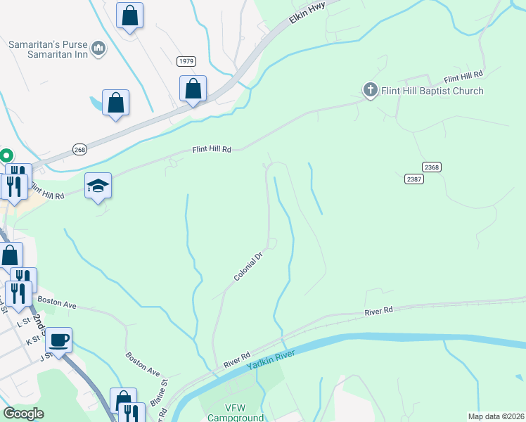 map of restaurants, bars, coffee shops, grocery stores, and more near 703 Colonial Drive in North Wilkesboro
