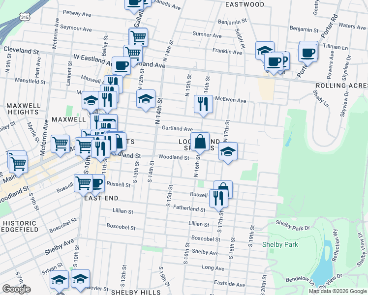 map of restaurants, bars, coffee shops, grocery stores, and more near 1508 Woodland Street in Nashville