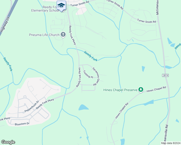 map of restaurants, bars, coffee shops, grocery stores, and more near 5 Bunkhouse Court in Greensboro