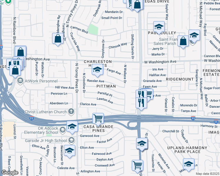 map of restaurants, bars, coffee shops, grocery stores, and more near 6240 Parsifal Place in Las Vegas