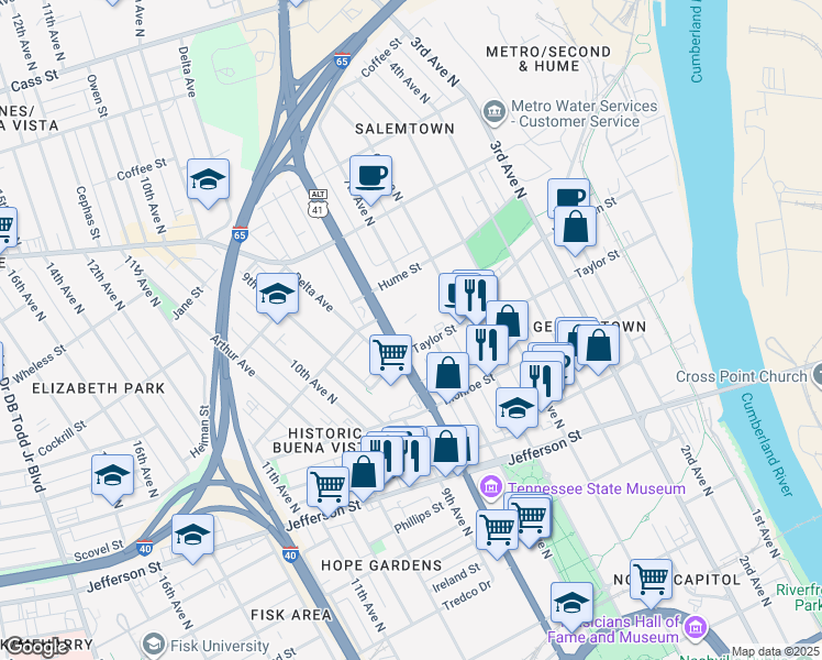 map of restaurants, bars, coffee shops, grocery stores, and more near 1352 Rosa L Parks Boulevard in Nashville