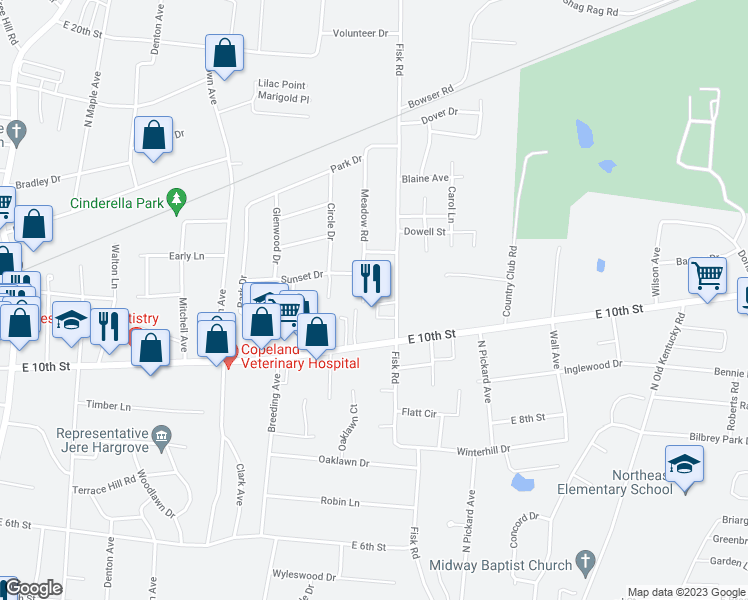 map of restaurants, bars, coffee shops, grocery stores, and more near 1119 Meadow Road in Cookeville
