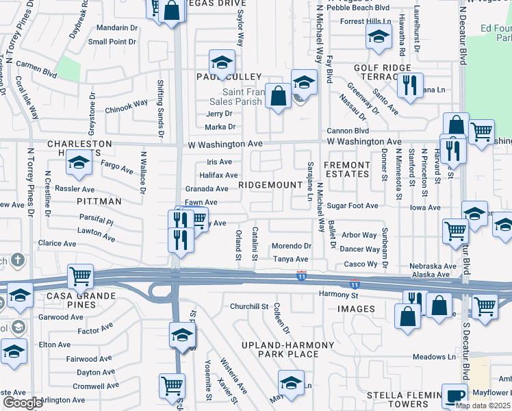 map of restaurants, bars, coffee shops, grocery stores, and more near 5713 Whiteridge Avenue in Las Vegas