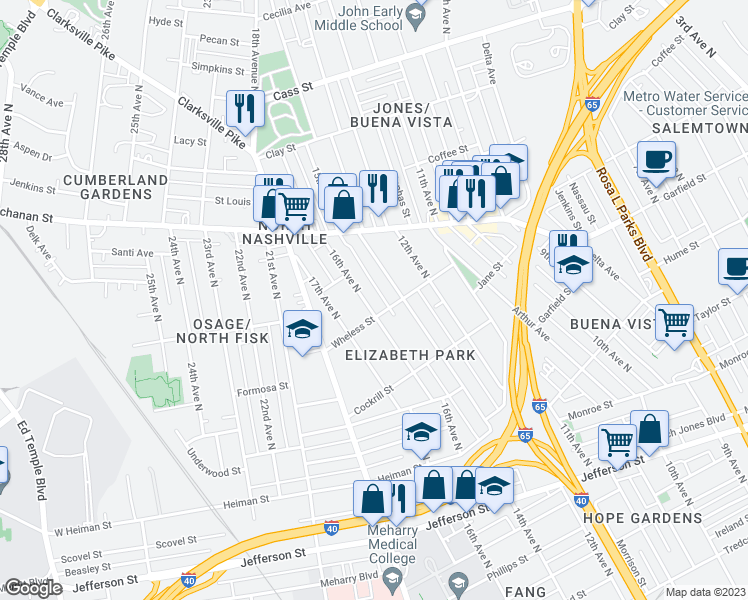 map of restaurants, bars, coffee shops, grocery stores, and more near 1710 16th Avenue North in Nashville