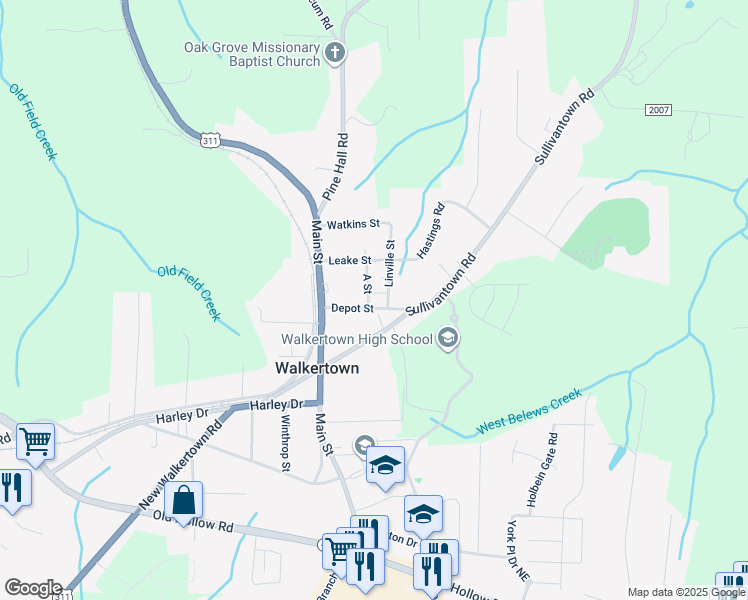 map of restaurants, bars, coffee shops, grocery stores, and more near 3724 Depot Street in Walkertown