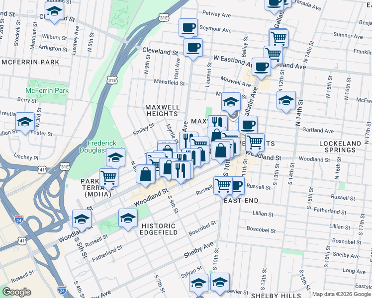 map of restaurants, bars, coffee shops, grocery stores, and more near 30 Mcferrin Avenue in Nashville