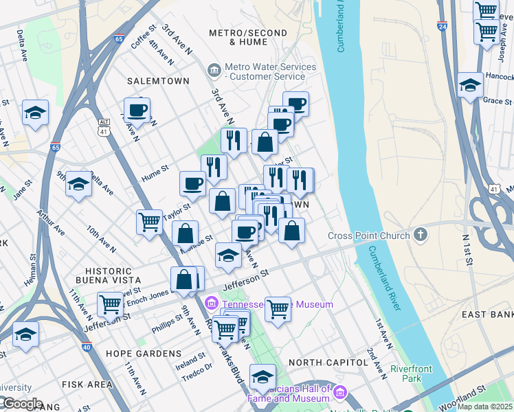 map of restaurants, bars, coffee shops, grocery stores, and more near 1300 4th Avenue North in Nashville
