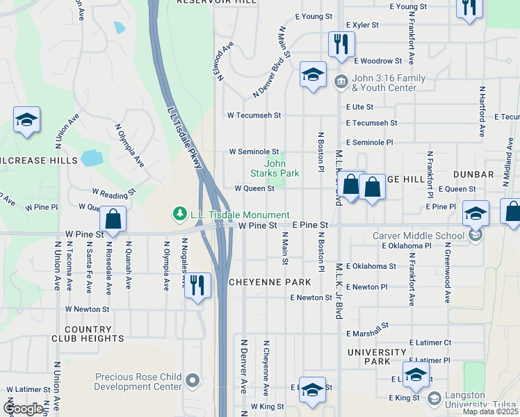 map of restaurants, bars, coffee shops, grocery stores, and more near 212 West Queen Street in Tulsa