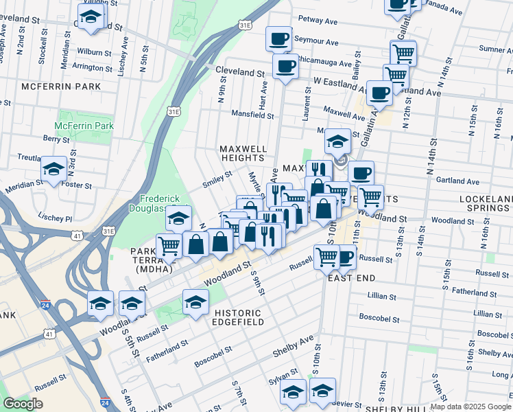 map of restaurants, bars, coffee shops, grocery stores, and more near 115D North 9th Street in Nashville