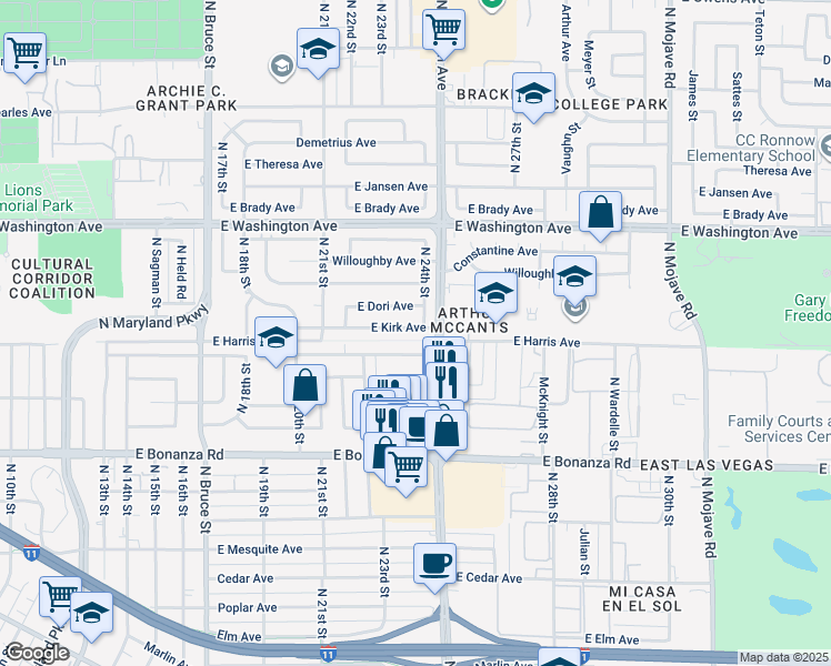 map of restaurants, bars, coffee shops, grocery stores, and more near 2320 East Kirk Avenue in Las Vegas