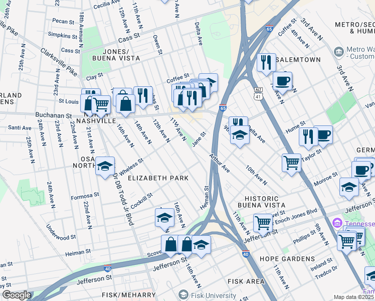 map of restaurants, bars, coffee shops, grocery stores, and more near 1623 11th Avenue North in Nashville