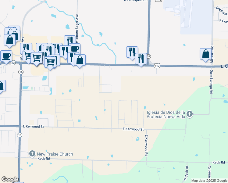 map of restaurants, bars, coffee shops, grocery stores, and more near 4005 Thomas Street in Siloam Springs