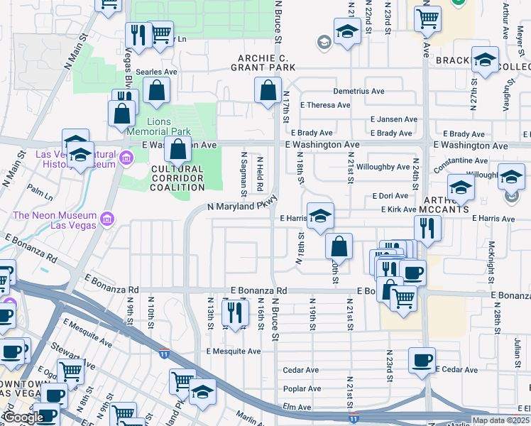 map of restaurants, bars, coffee shops, grocery stores, and more near 1610 East Harris Avenue in Las Vegas