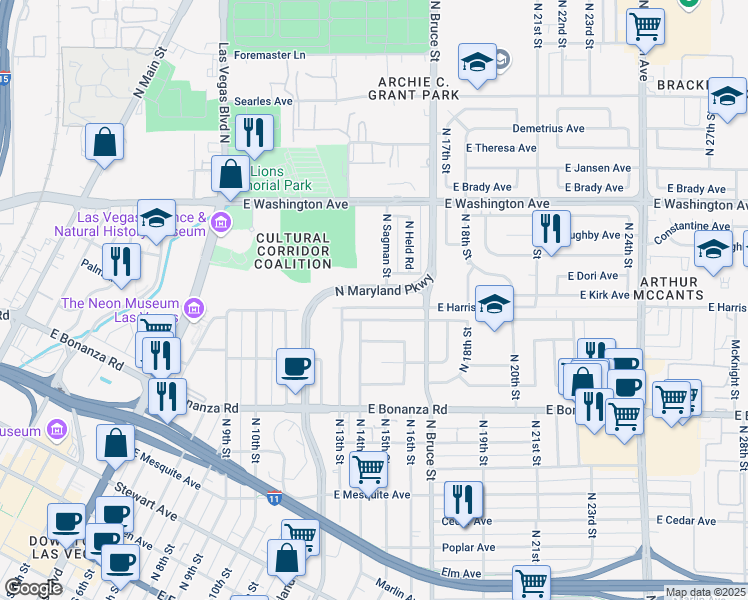 map of restaurants, bars, coffee shops, grocery stores, and more near in Las Vegas