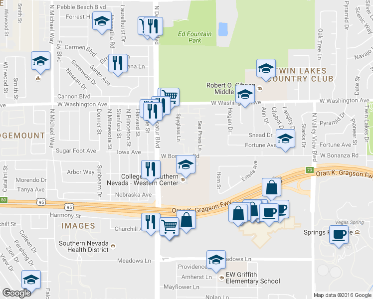 map of restaurants, bars, coffee shops, grocery stores, and more near 613 Spyglass Lane in Las Vegas