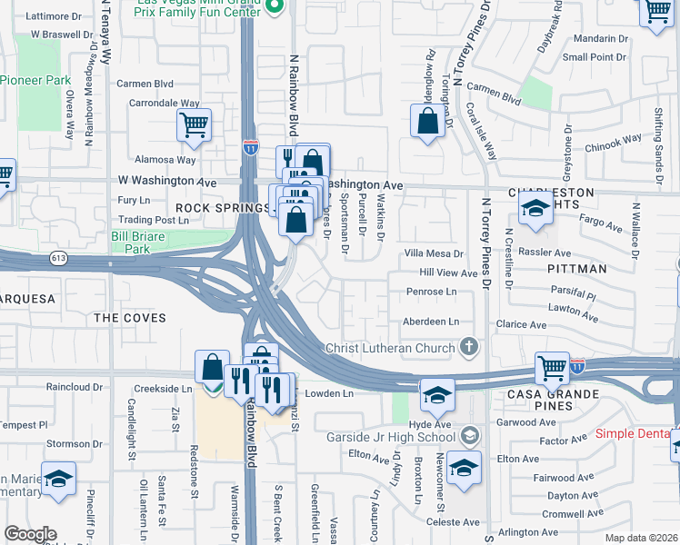 map of restaurants, bars, coffee shops, grocery stores, and more near 505 Dolores Drive in Las Vegas