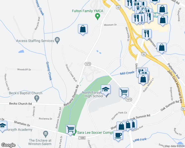 map of restaurants, bars, coffee shops, grocery stores, and more near 5800 West Hanes Mill Road in Winston-Salem
