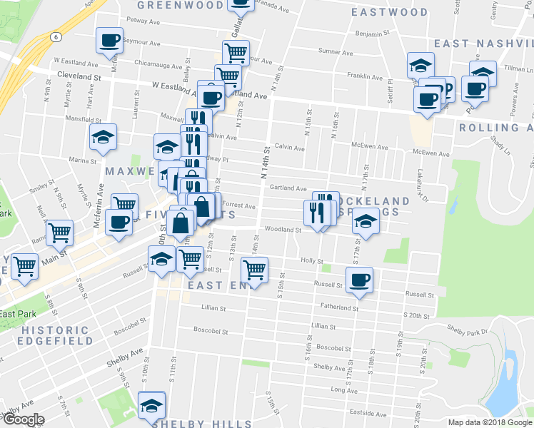 map of restaurants, bars, coffee shops, grocery stores, and more near 1407 Forrest Avenue in Nashville