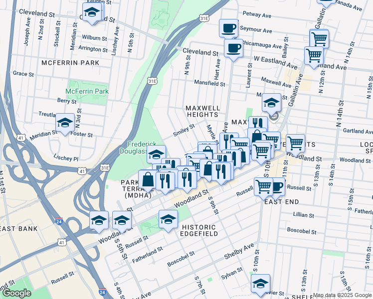 map of restaurants, bars, coffee shops, grocery stores, and more near 207C Neill Avenue in Nashville