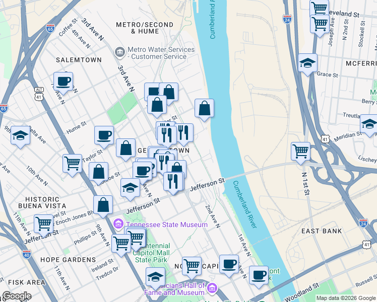 map of restaurants, bars, coffee shops, grocery stores, and more near 101 Monroe Street in Nashville