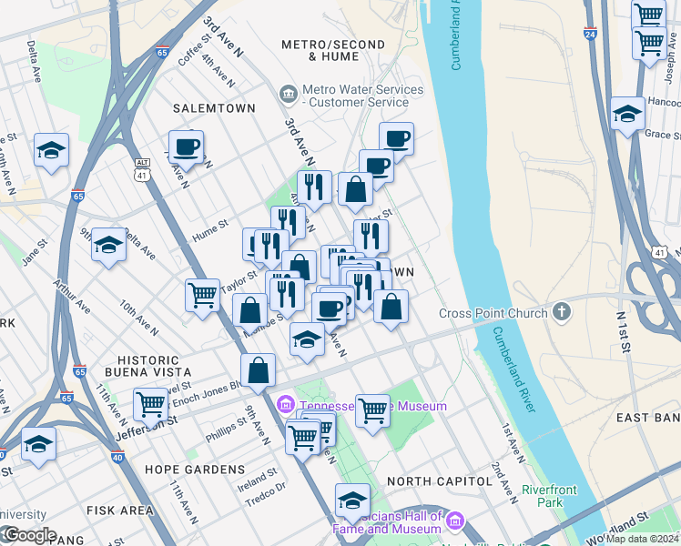 map of restaurants, bars, coffee shops, grocery stores, and more near 1322 4th Avenue North in Nashville