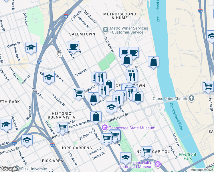 map of restaurants, bars, coffee shops, grocery stores, and more near 1404 5th Avenue North in Nashville-Davidson metropolitan government (balance)