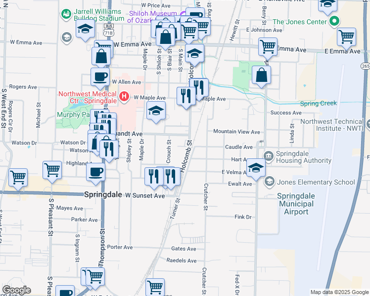 map of restaurants, bars, coffee shops, grocery stores, and more near 207 Quandt Avenue in Springdale