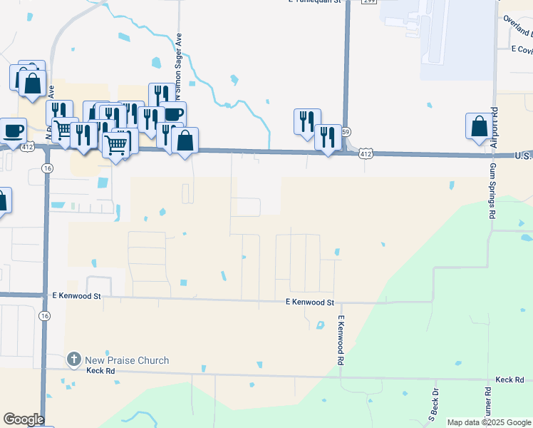 map of restaurants, bars, coffee shops, grocery stores, and more near 3909 Thomas Street in Siloam Springs