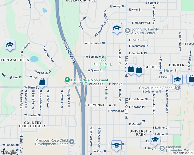 map of restaurants, bars, coffee shops, grocery stores, and more near 212 West Queen Street in Tulsa