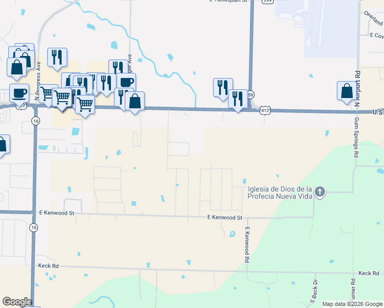 map of restaurants, bars, coffee shops, grocery stores, and more near 3909 Thomas Street in Siloam Springs