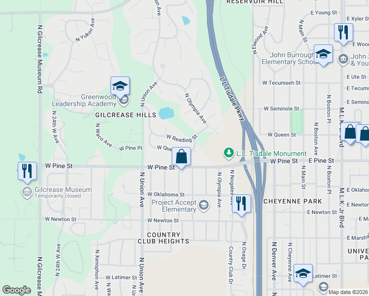 map of restaurants, bars, coffee shops, grocery stores, and more near 1213 West Reading Street in Tulsa