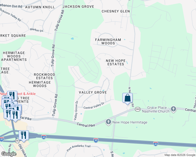 map of restaurants, bars, coffee shops, grocery stores, and more near 4672 Forest Ridge Drive in Nashville