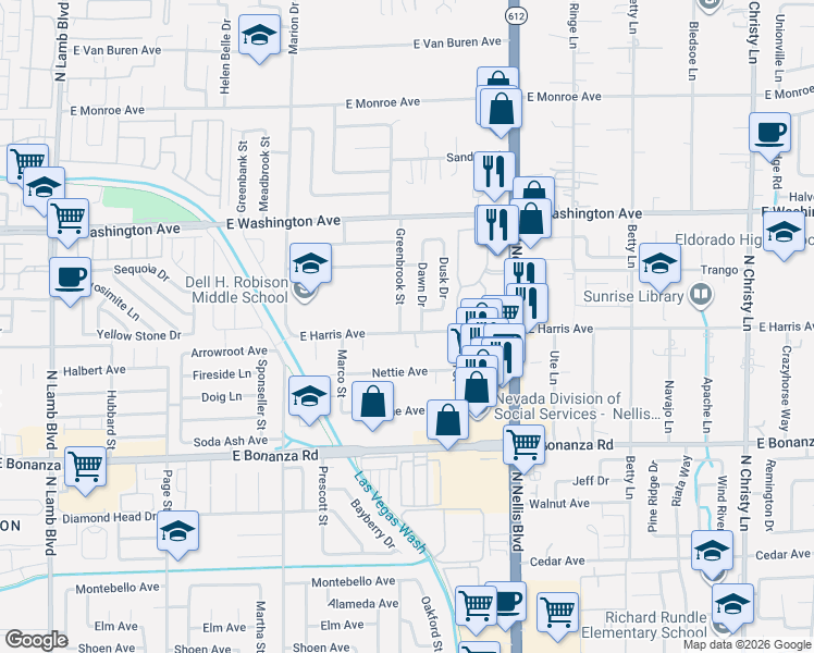 map of restaurants, bars, coffee shops, grocery stores, and more near 801 Greenbrook Street in Las Vegas
