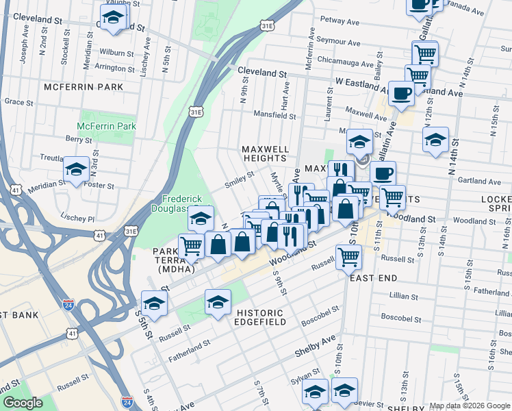 map of restaurants, bars, coffee shops, grocery stores, and more near 115D North 9th Street in Nashville