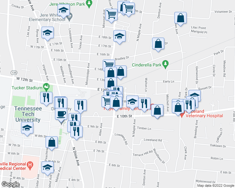 map of restaurants, bars, coffee shops, grocery stores, and more near 421 East 12th Street in Cookeville