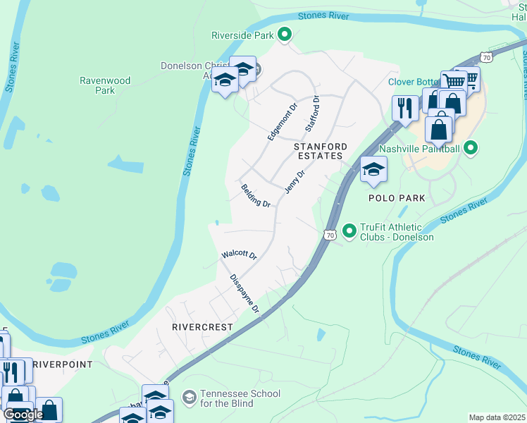 map of restaurants, bars, coffee shops, grocery stores, and more near 203 Belding Drive in Nashville