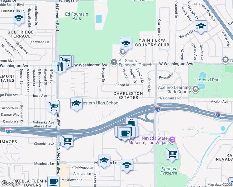 map of restaurants, bars, coffee shops, grocery stores, and more near 4301 Fortune Avenue in Las Vegas