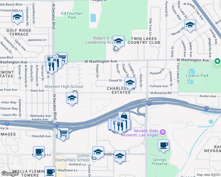map of restaurants, bars, coffee shops, grocery stores, and more near 4301 Fortune Avenue in Las Vegas
