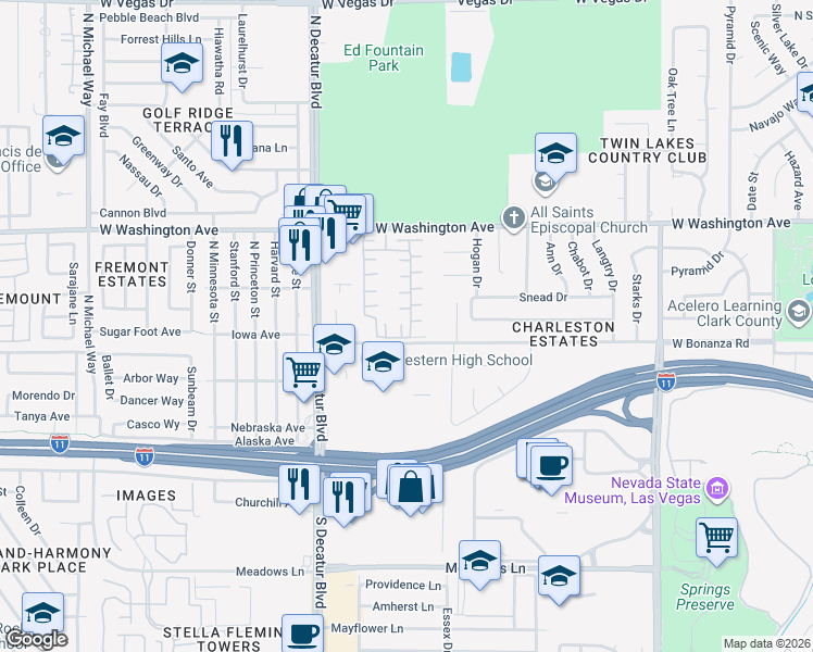 map of restaurants, bars, coffee shops, grocery stores, and more near 706 Sea Pines Lane in Las Vegas