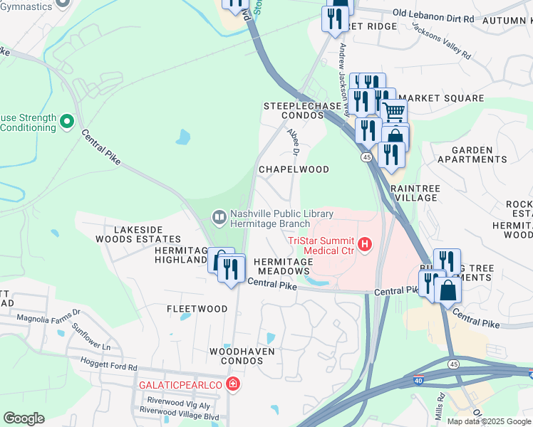 map of restaurants, bars, coffee shops, grocery stores, and more near 105 Noel Cove Circle in Nashville