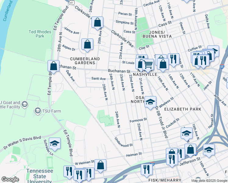 map of restaurants, bars, coffee shops, grocery stores, and more near 1728 24th Avenue North in Nashville