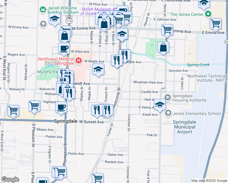 map of restaurants, bars, coffee shops, grocery stores, and more near 207 Quandt Avenue in Springdale