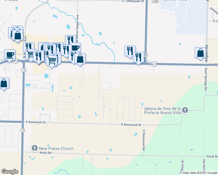 map of restaurants, bars, coffee shops, grocery stores, and more near 3909 Thomas Street in Siloam Springs